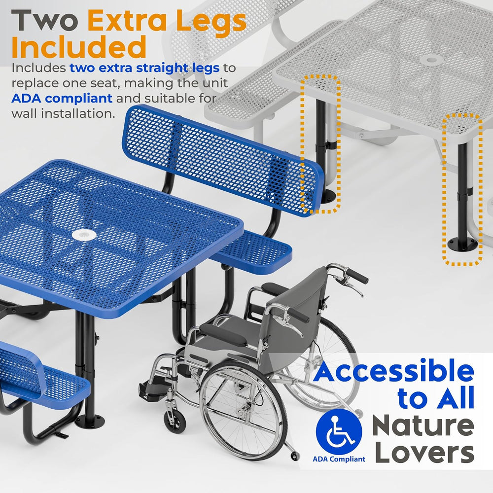 Metal Picnic Table (Blue, 46 in Square with Back, Expanded Steel)
