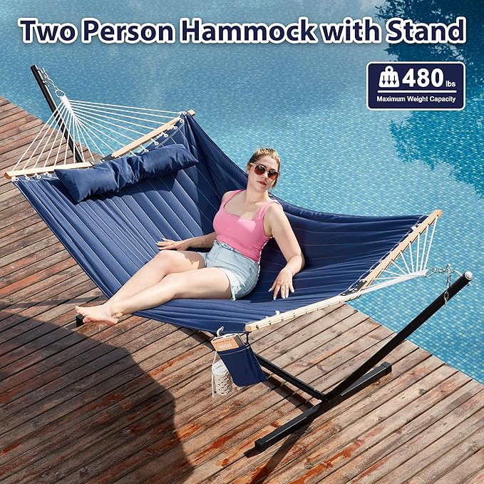 Two Person Hammock with Stand for Outside Heavy Duty, Outdoor Patio Hammock w...