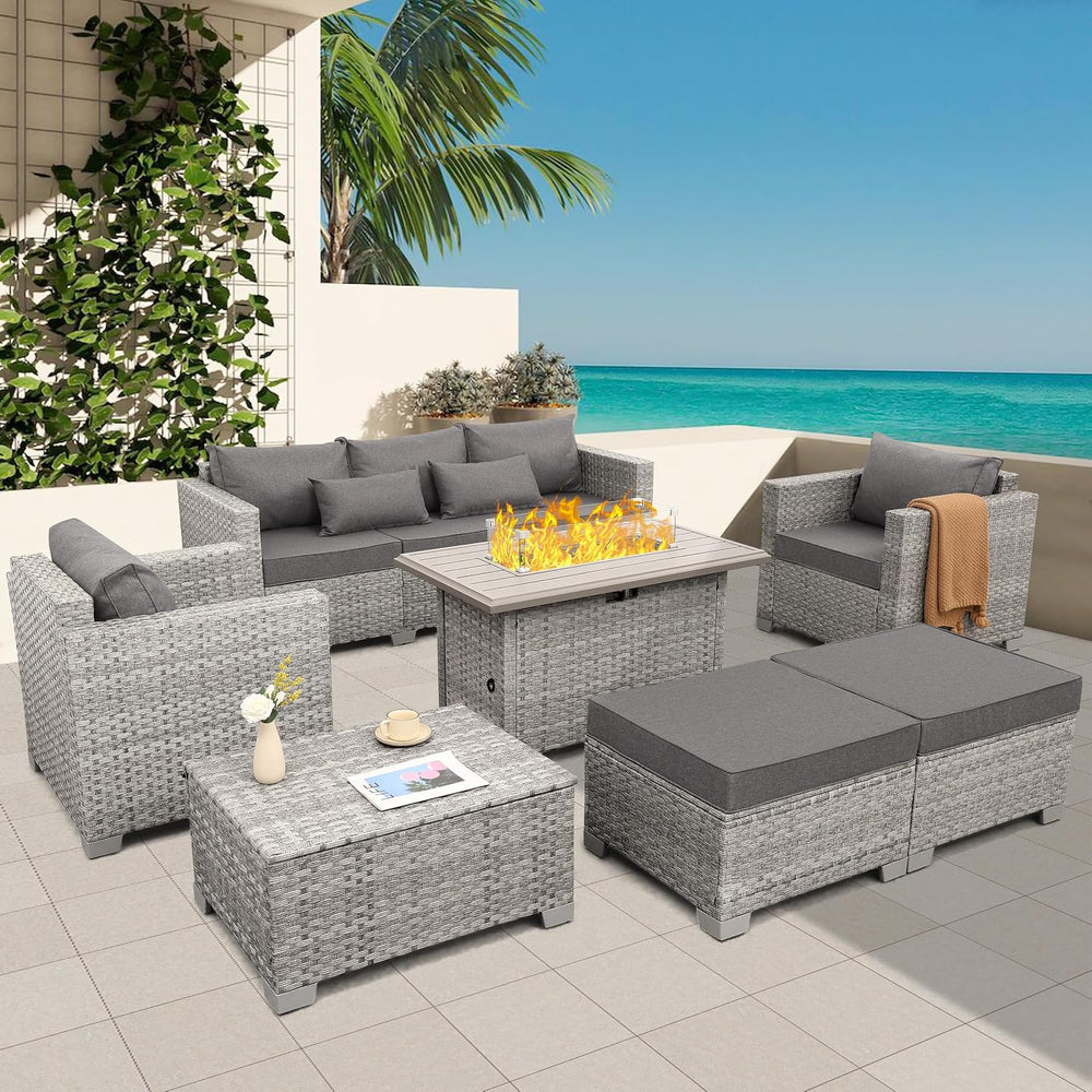 WAROOM 7 Piece Patio Furniture Set Wicker Sectional Sofa, Grey Cushion