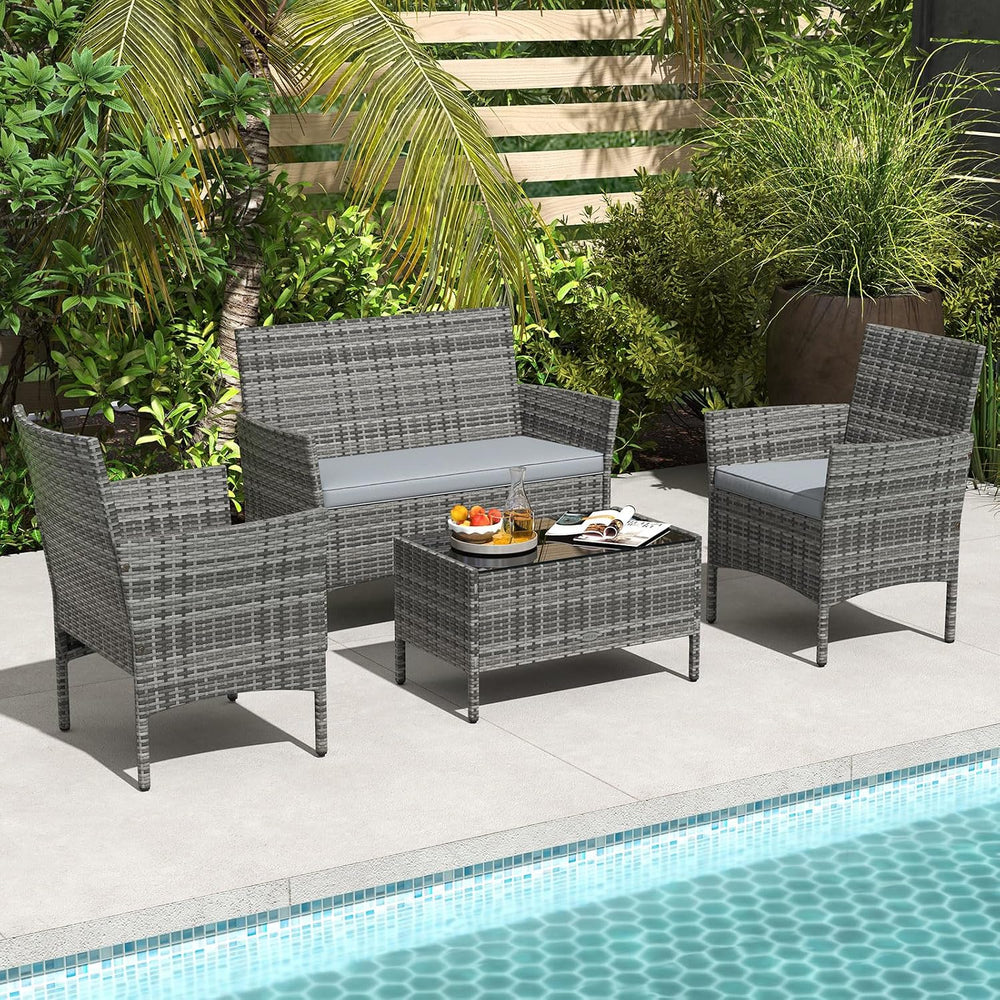 RELAX4LIFE 4-Piece Patio Furniture Set - Rattan Outdoor Conversation Bistro S...
