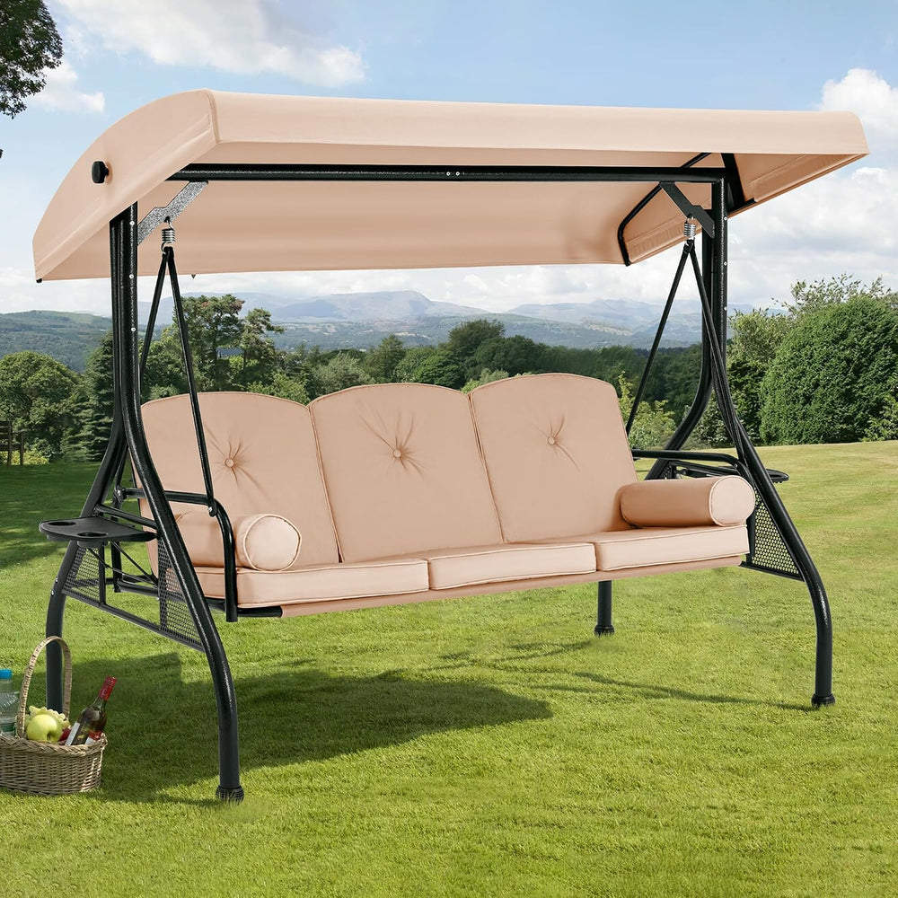 3-Seat Porch Swing with Adjustable Canopy, Patio Swing with Stand