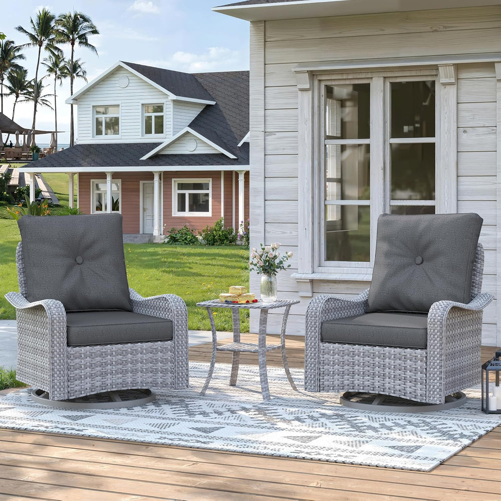 3 Piece Patio Furniture Set with Swivel Rocking Chairs, Outdoor Wicker Conver...