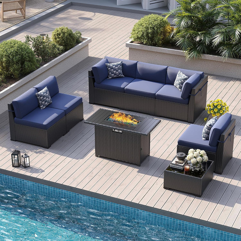 8 Piece Patio Furniture Set with 44” Fire Pit Table with Thickened Cushions