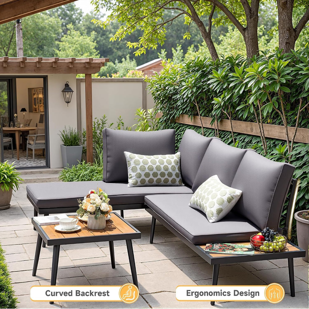 Devoko L-Shaped Small Sectional Outdoor Coach wtih Acacia Wood,Gray