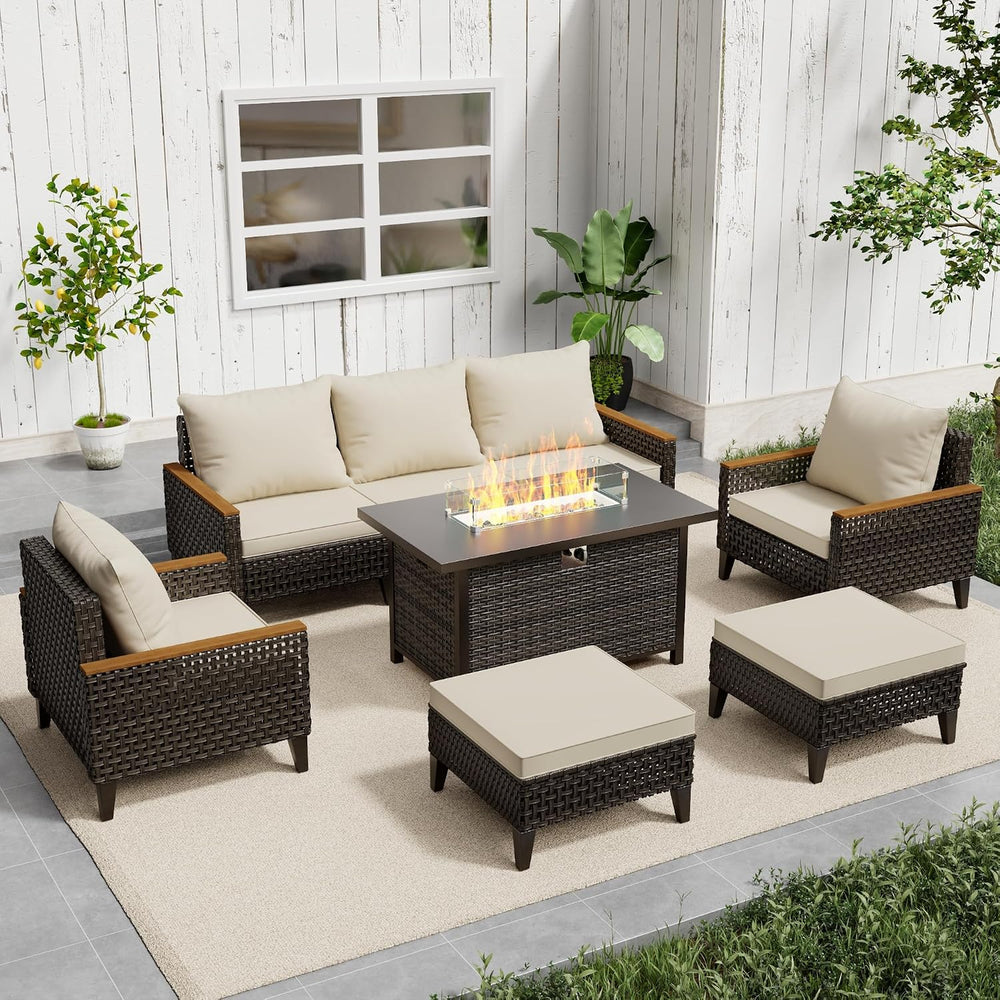 8 Piece Patio Sectional Sofa Set with 50000 BTU Fire Pit Table, All-Weather W...