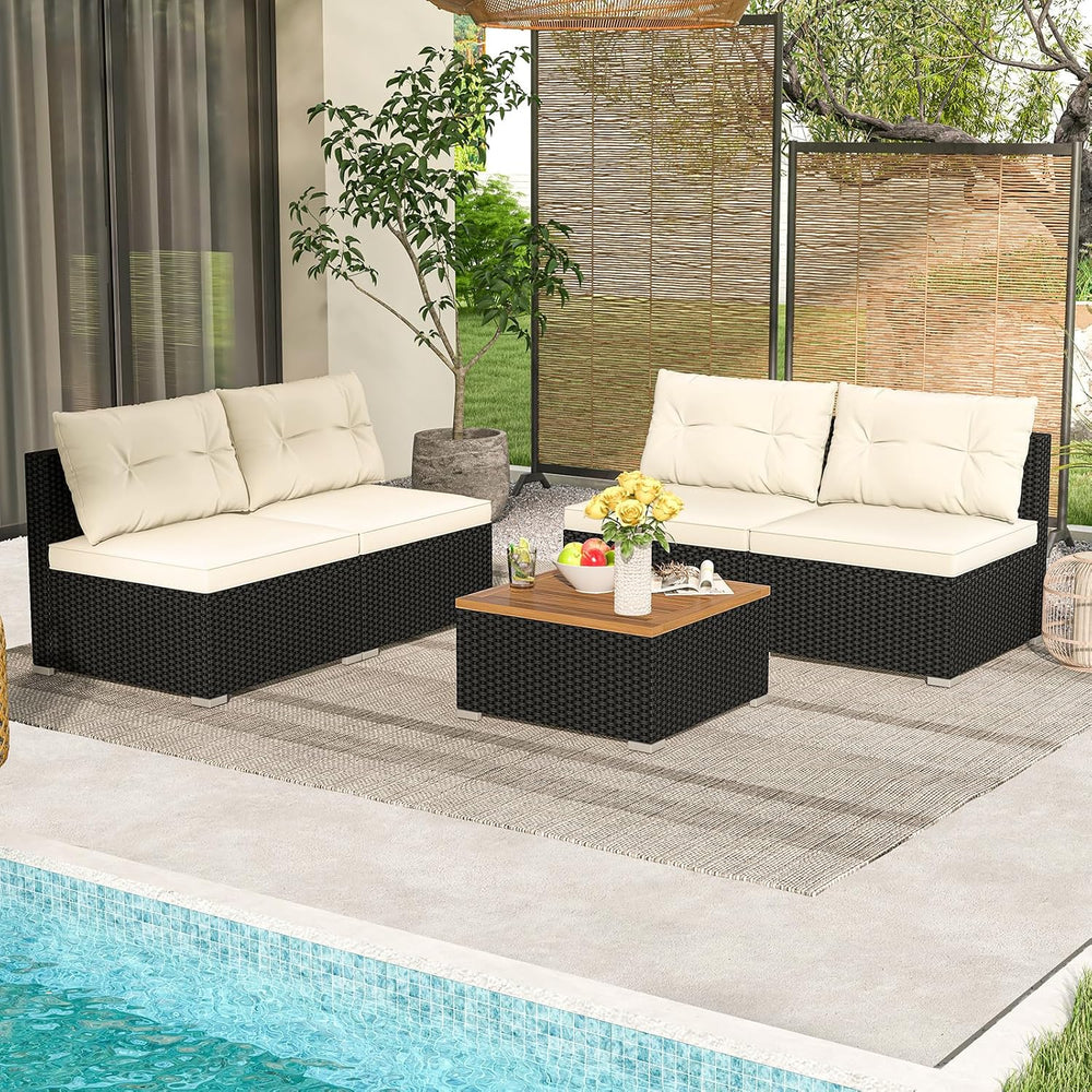 5 Pieces Patio Furniture Set, Outdoor Sectional Sofa with Acacia Wood Coffee ...
