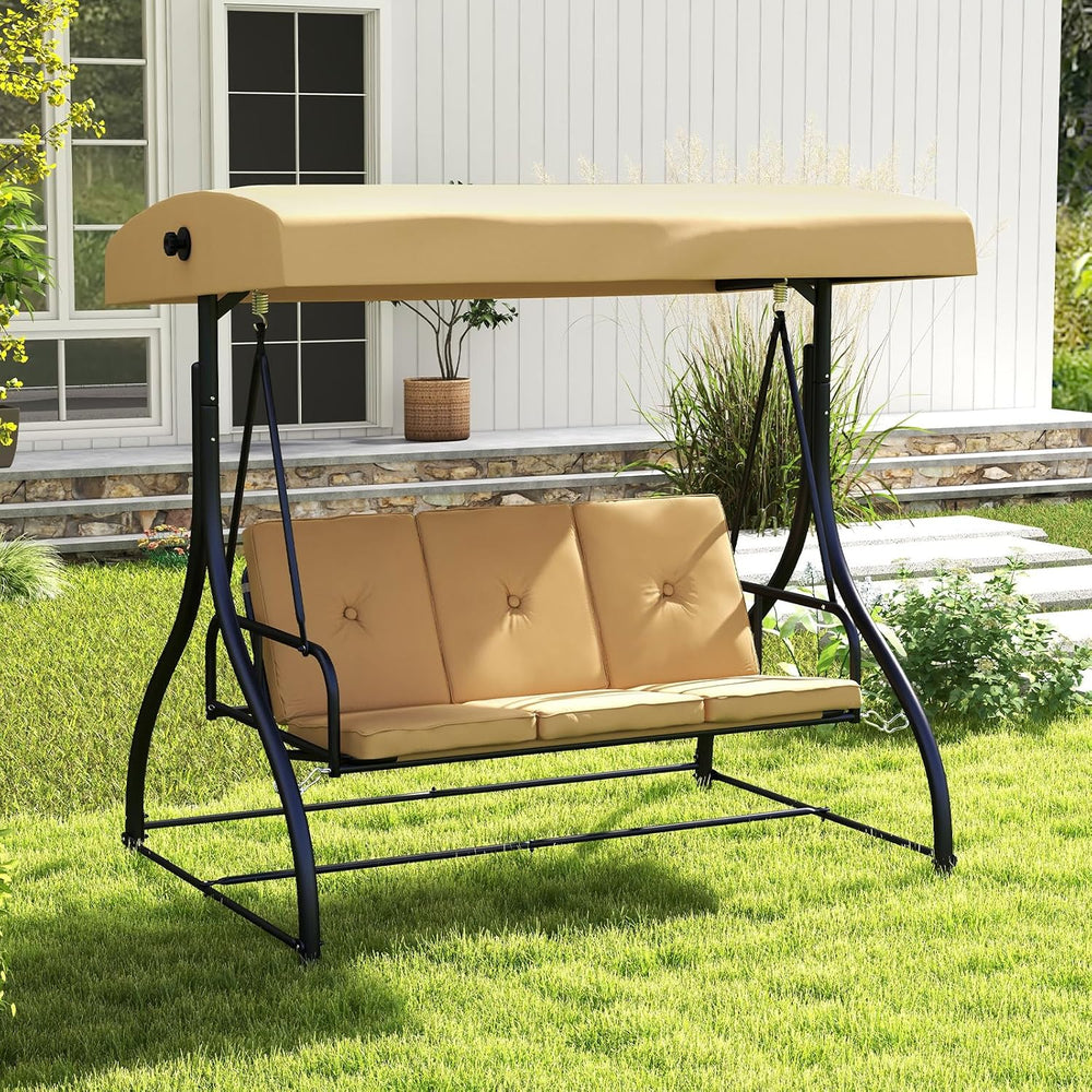 HAPPYGRILL 3 Seat Outdoor Porch Swing with Adjustable Canopy & Foot Pad