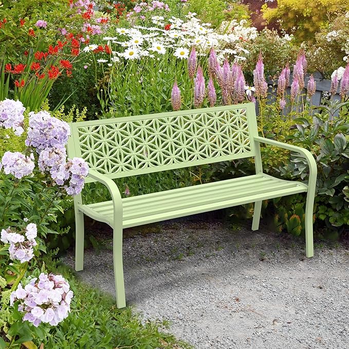 VINGLI 50" Outdoor Bench Metal with Floral Back, Garden Bench Front Porc...