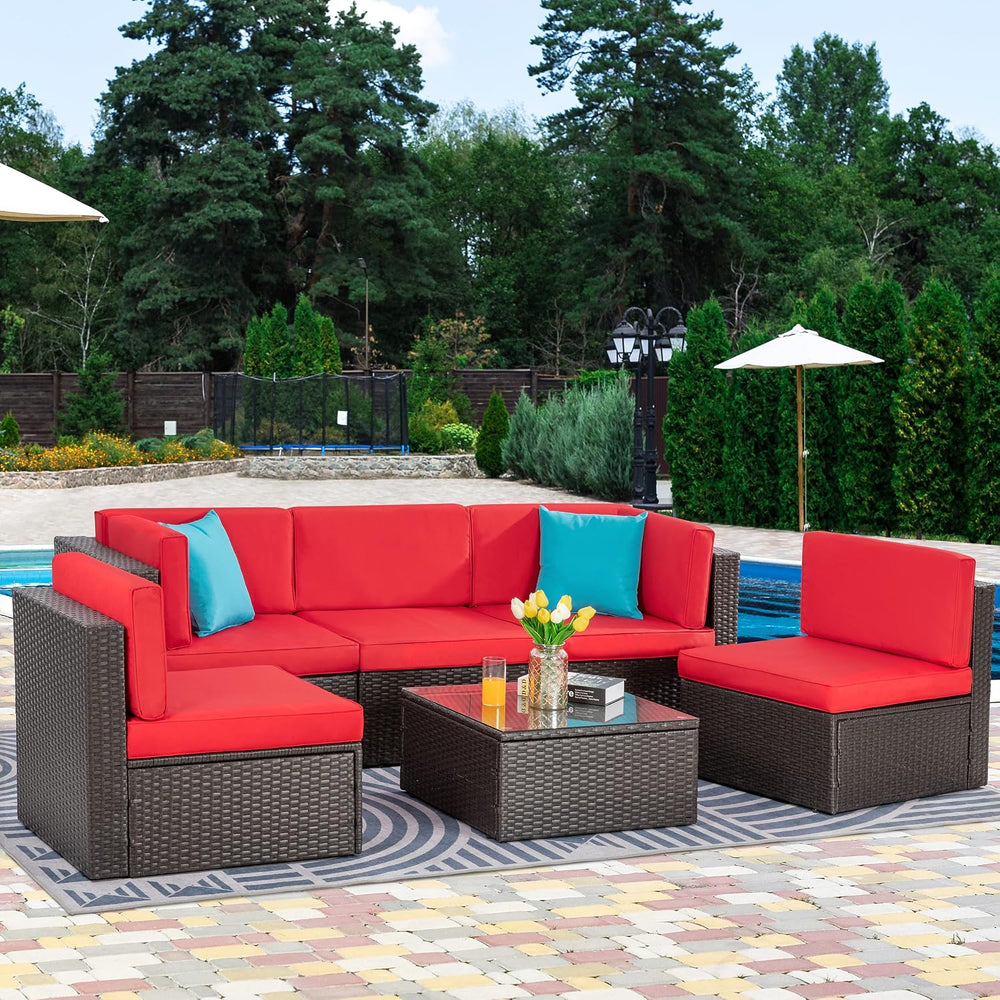Vongrasig 6 Piece Small Patio Furniture Sets, Outdoor Sectional Sofa, Red