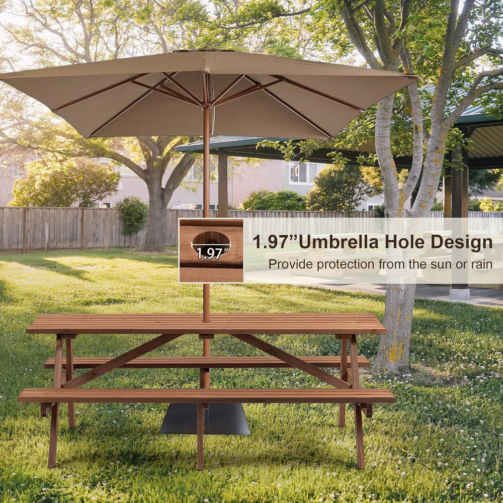 Outdoor Wooden Picnic Table with Benches and Umbrella Hole, Rustic Style Wood...