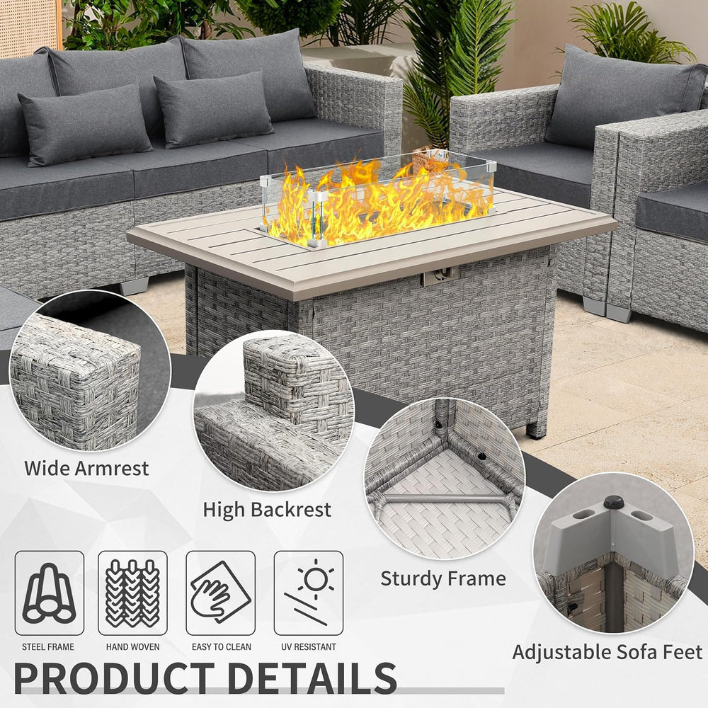 WAROOM 7 Piece Patio Furniture Set Wicker Sectional Sofa, Grey Cushion