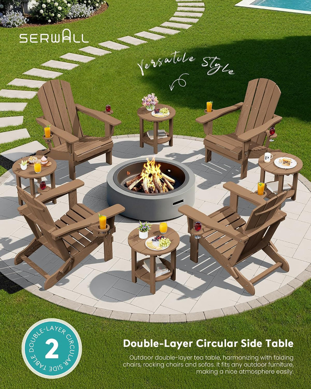SERWALL Round Outdoor Side Table Set of 2, HDPE Small Adirondack Double End T...