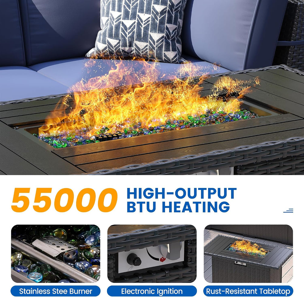 8 Piece Patio Furniture Set with 44” Fire Pit Table with Thickened Cushions