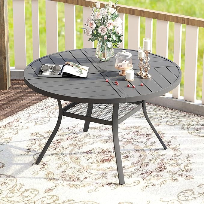 VICLLAX Round Patio Table with Adjustable Umbrella Hole for 4, All Weather Me...