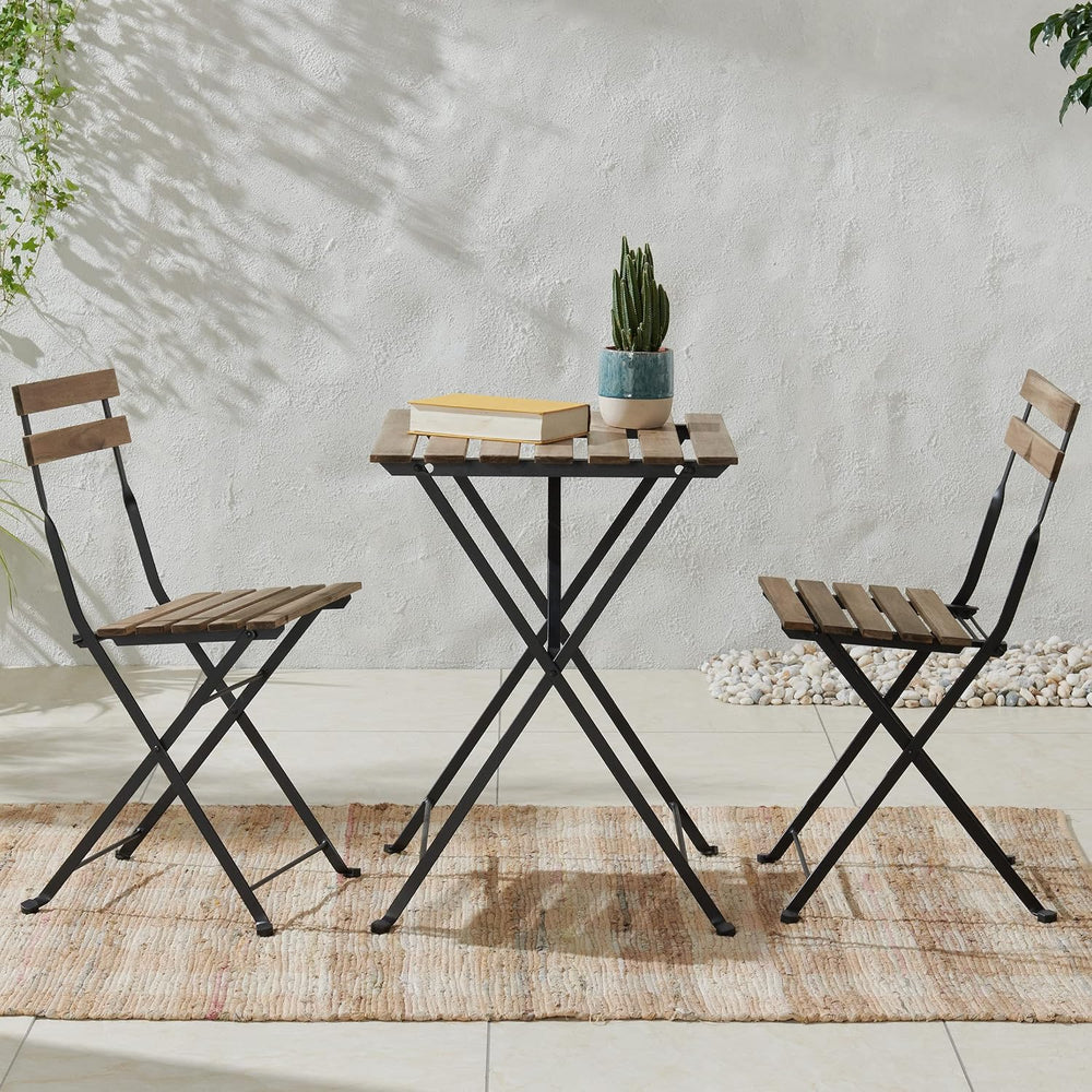 Folding Patio Bistro Set – 3-Piece Acacia Wood and Steel Café Table and Chair...