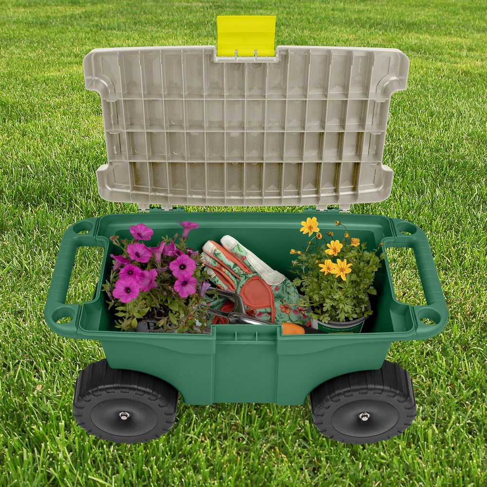 Rolling Garden Cart with Seat - Plastic Storage with Bench and Interior Tool ...