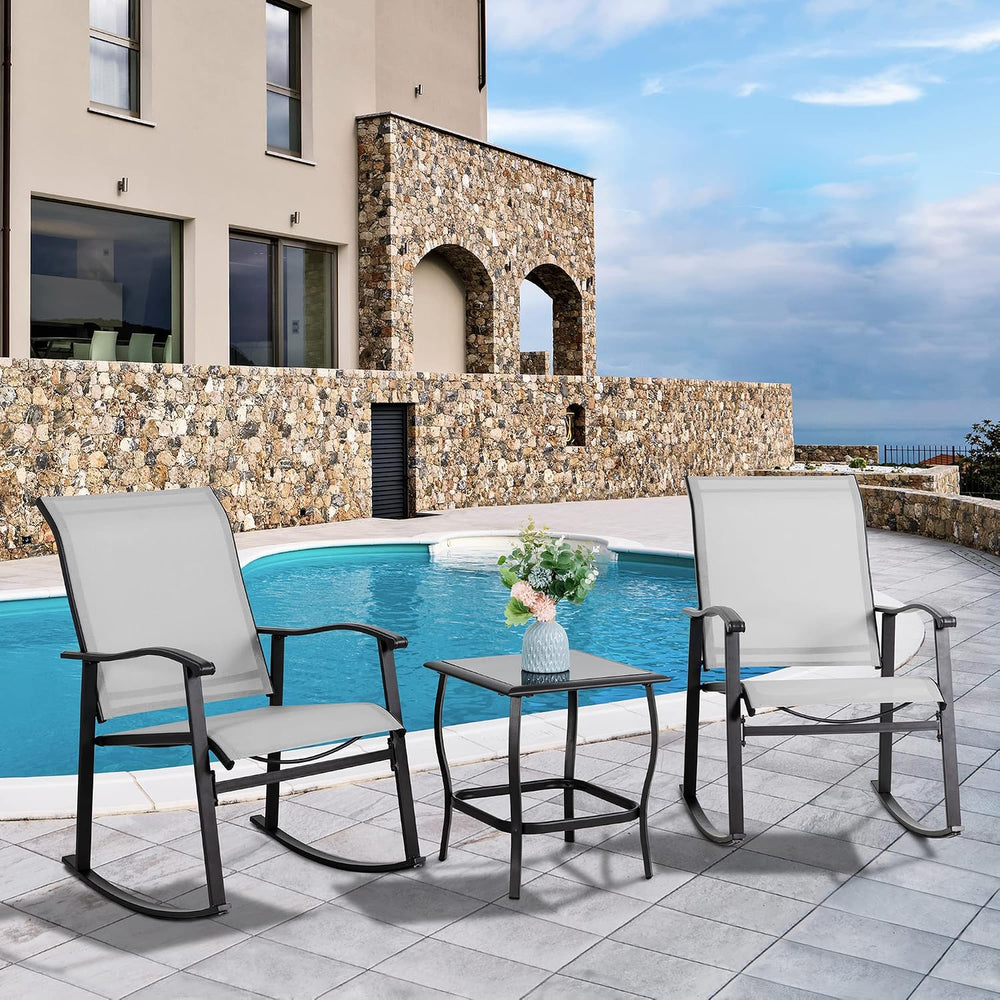 Vongrasig 3 Piece Outdoor Rocking Bistro Set, Textilene Fabric Small Patio Fu...