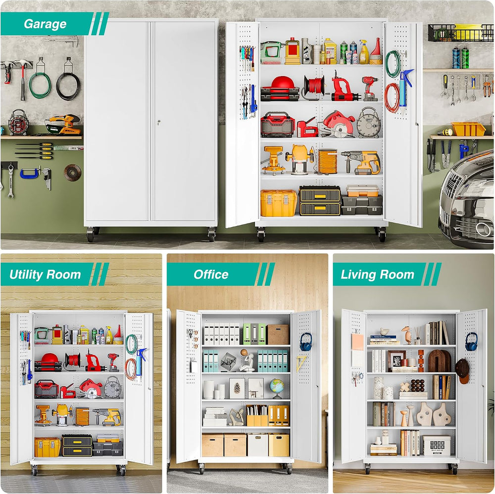 SISESOL White Wide & Deep Metal Storage Cabinet with Wheels,Tall Rolling ...