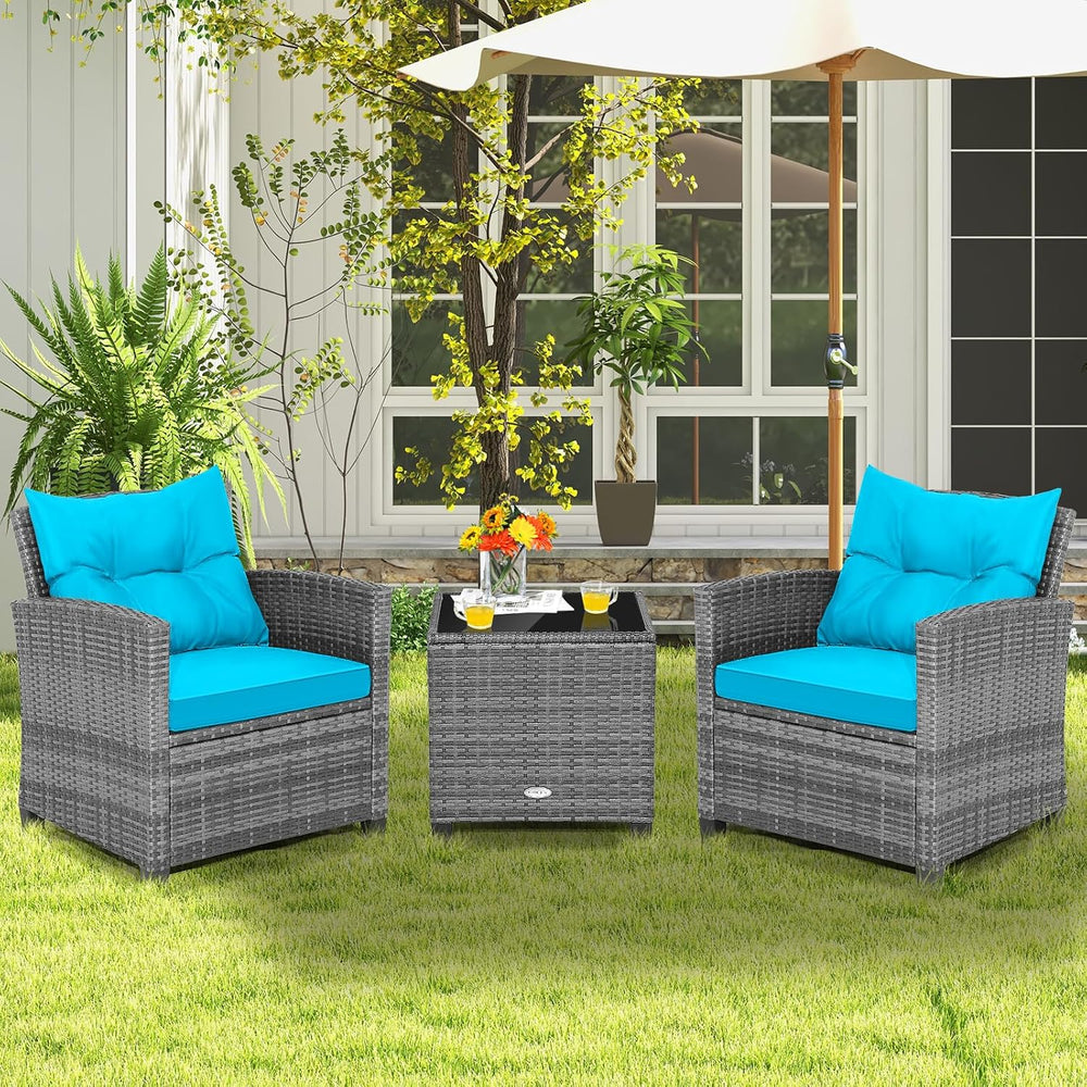 Tangkula 3 Pieces Patio Furniture Set, Outdoor PE Rattan Conversation Chair S...