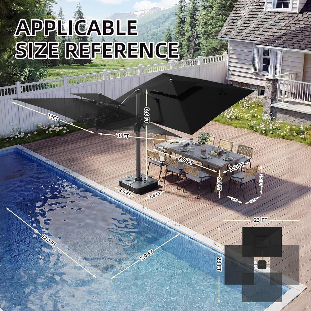 10 X 13 FT Cantilever Patio Umbrella with Base and Led Lights