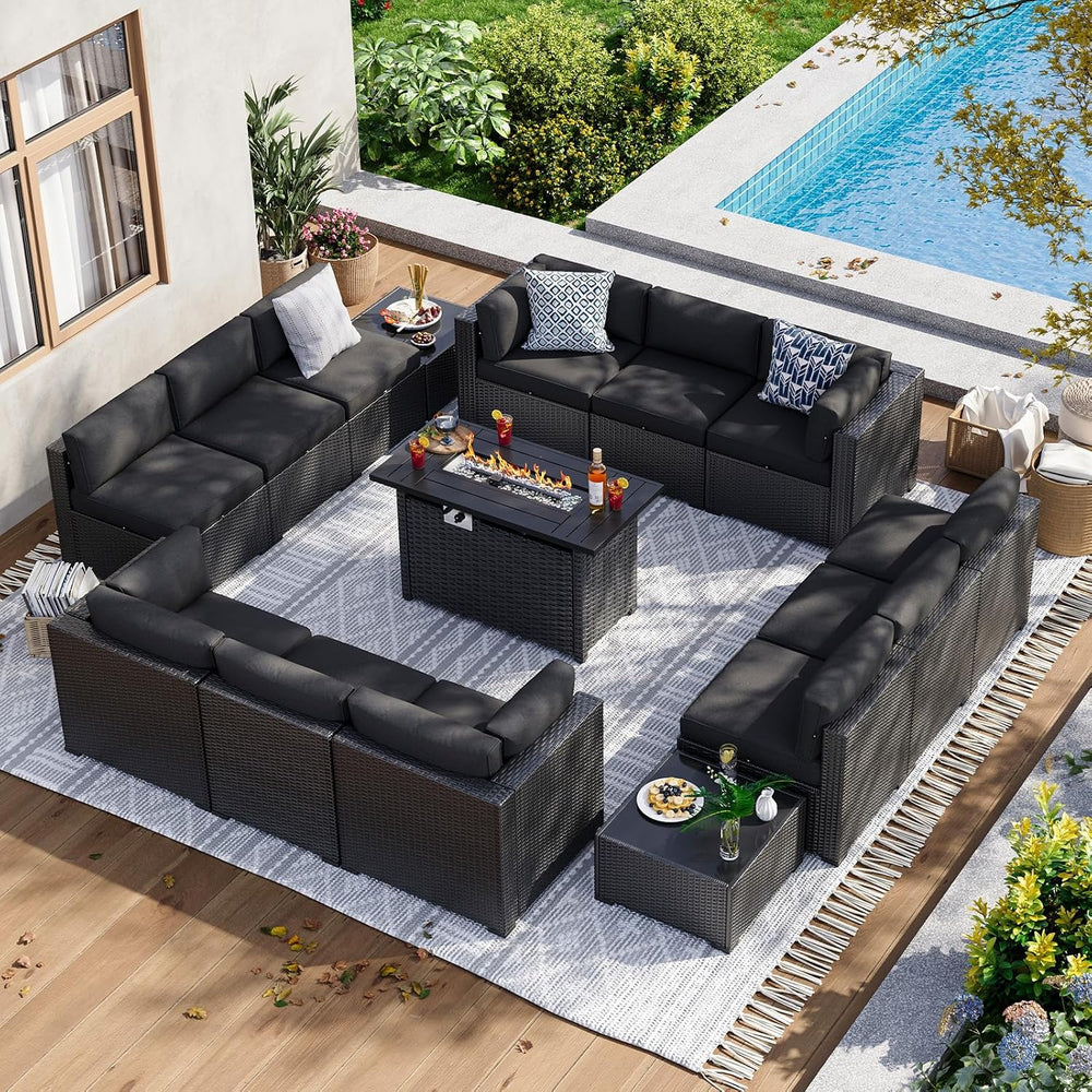Aoxun 15 Piece Patio Furniture Set with 44” Fire Pit Table Wicker Patio Secti...