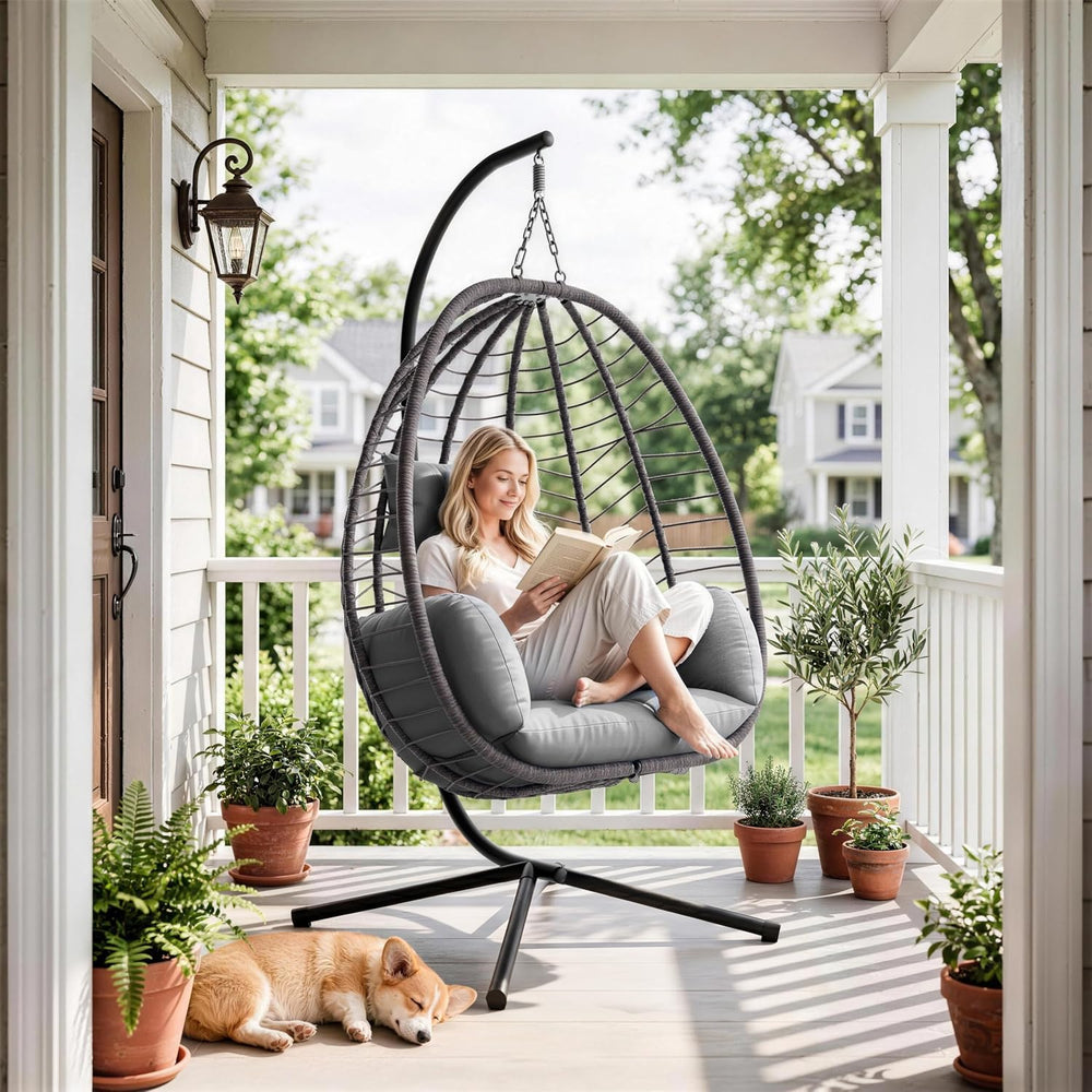 ALAULM Foldable Egg Chair with Stand, 485LBS Capacity Wicker Rattan Hammock S...