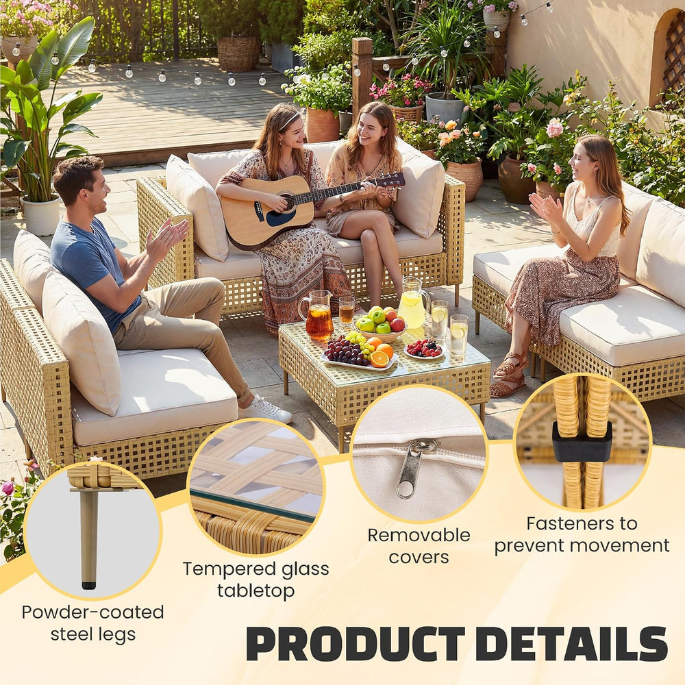 7-Piece Outdoor Furniture Set, Handmade Rattan Patio Furniture Set, Outdoor S...