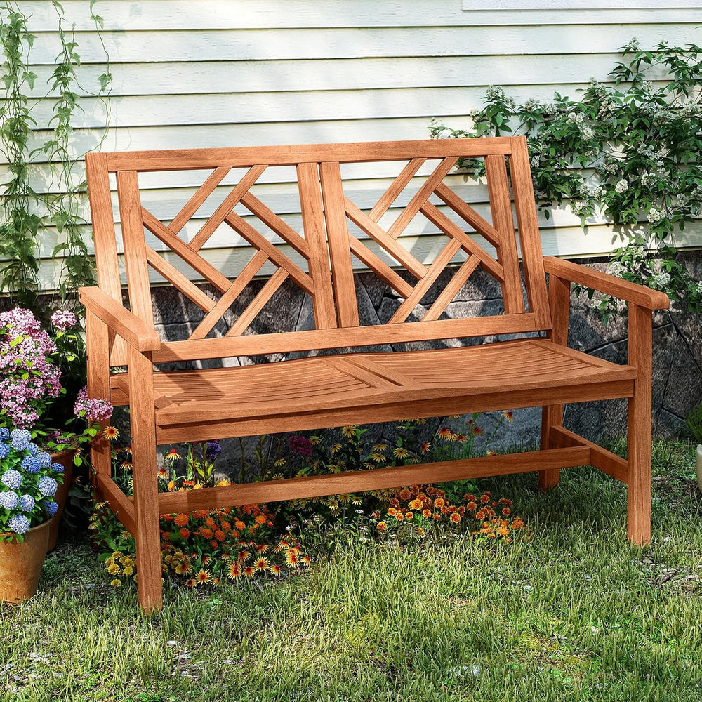 Tangkula Outdoor Wood Bench, 2-Person Patio Loveseat Chair with Geometric Bac...