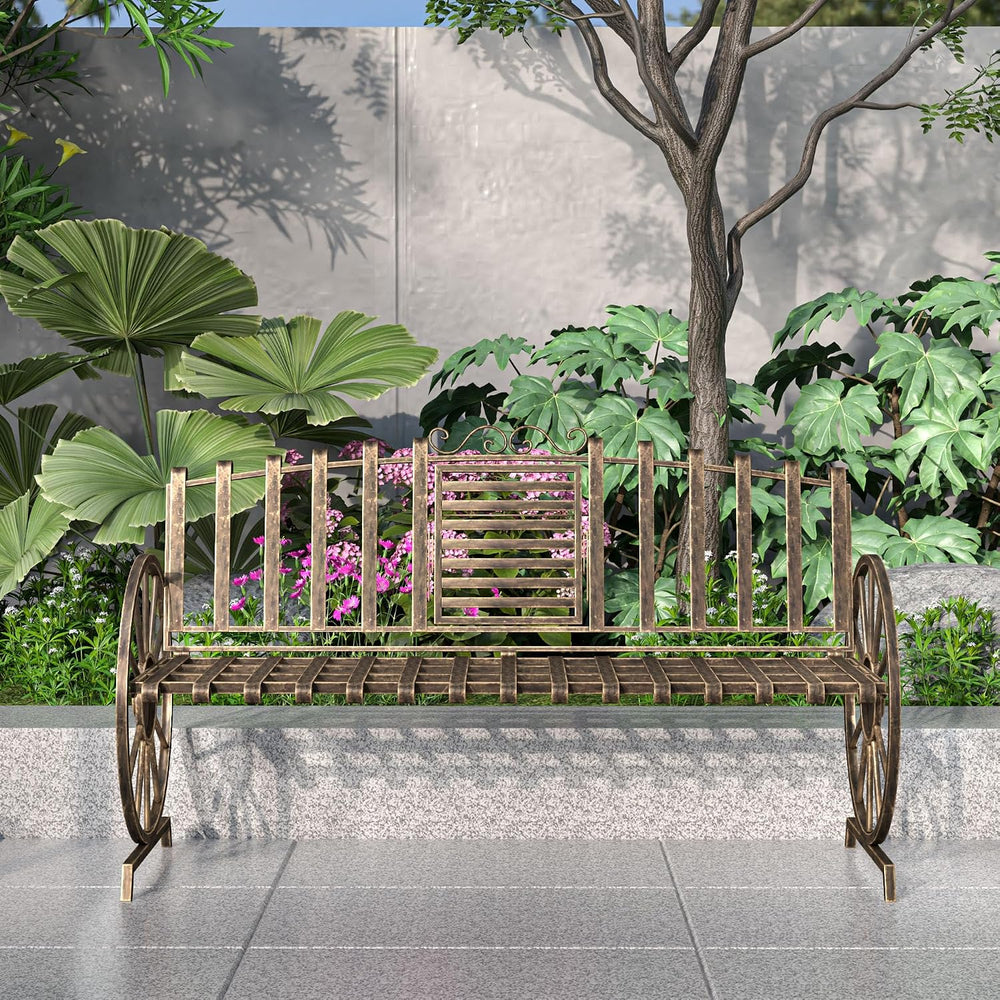 Outdoor Bench Patio Outdoor Garden Bench with Built-in Table, Wagon Wheel Arm...