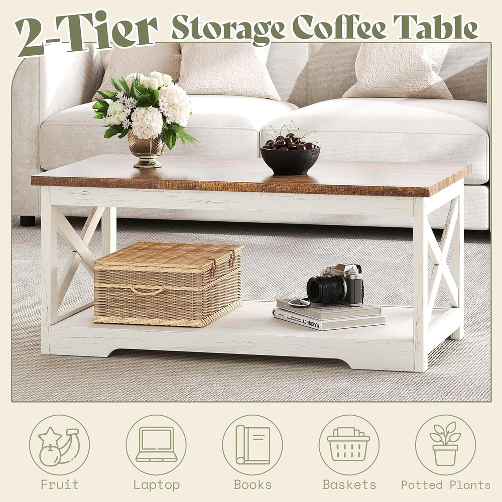 AMERLIFE 4 Piece Farmhouse Table Set with 66" TV Stand, Distressed White