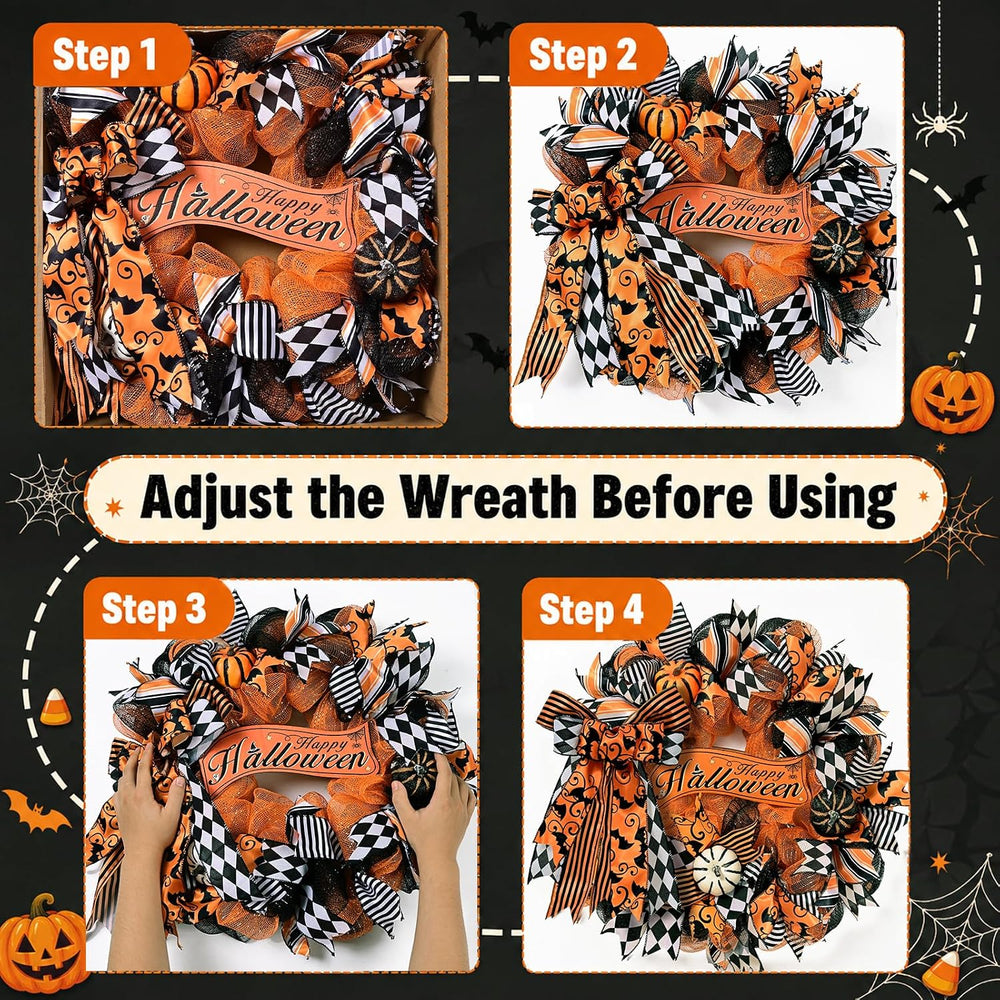 2 Pcs Halloween Wreaths for Front Door, Halloween Wreath with Ribbon Bow