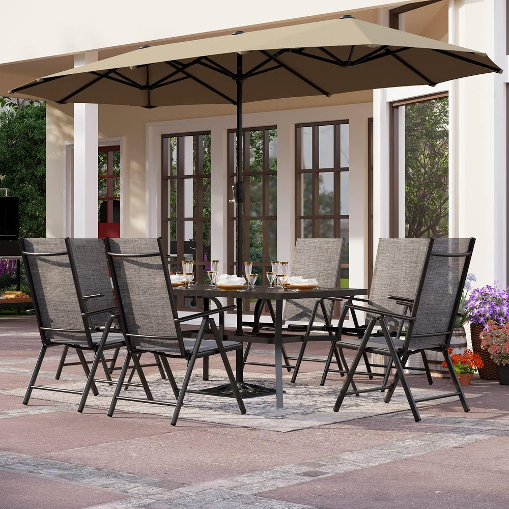 PHI VILLA Outdoor Patio Dining Set with Umbrella for 6, Folding Chairs