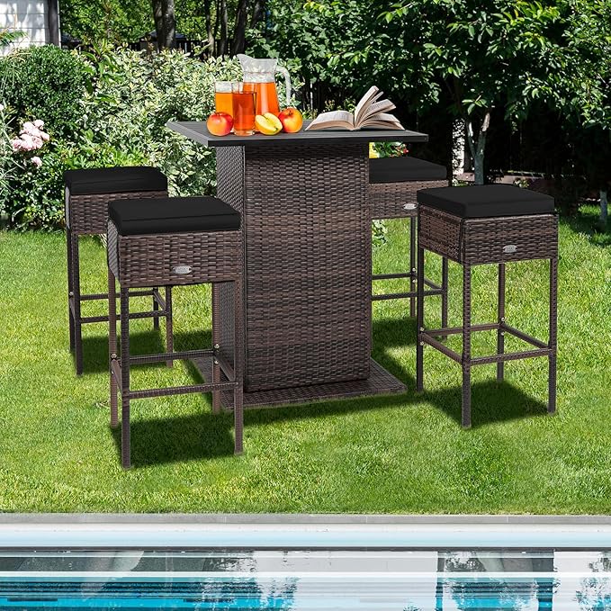 Tangkula 5 Piece Outdoor Rattan Bar Set, Patio Bar Furniture with 4 Cushions ...