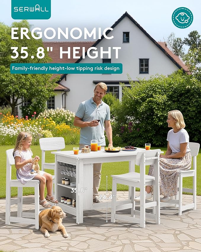 SERWALL Outdoor Bar Table and Chairs Set, 5-Piece HDPE Counter Height Patio D...