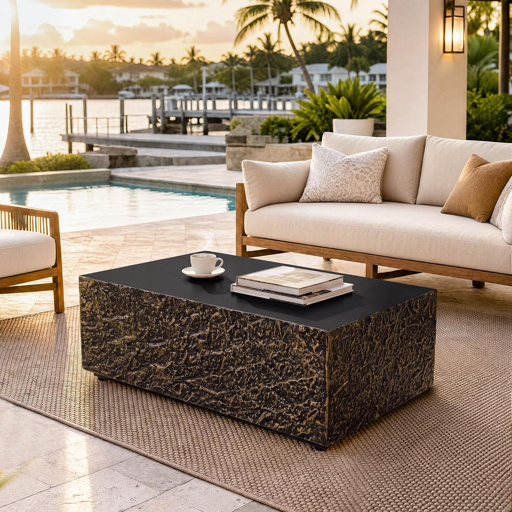 40" Rectangle Outdoor Coffee Table, Travertine Look, Bronze