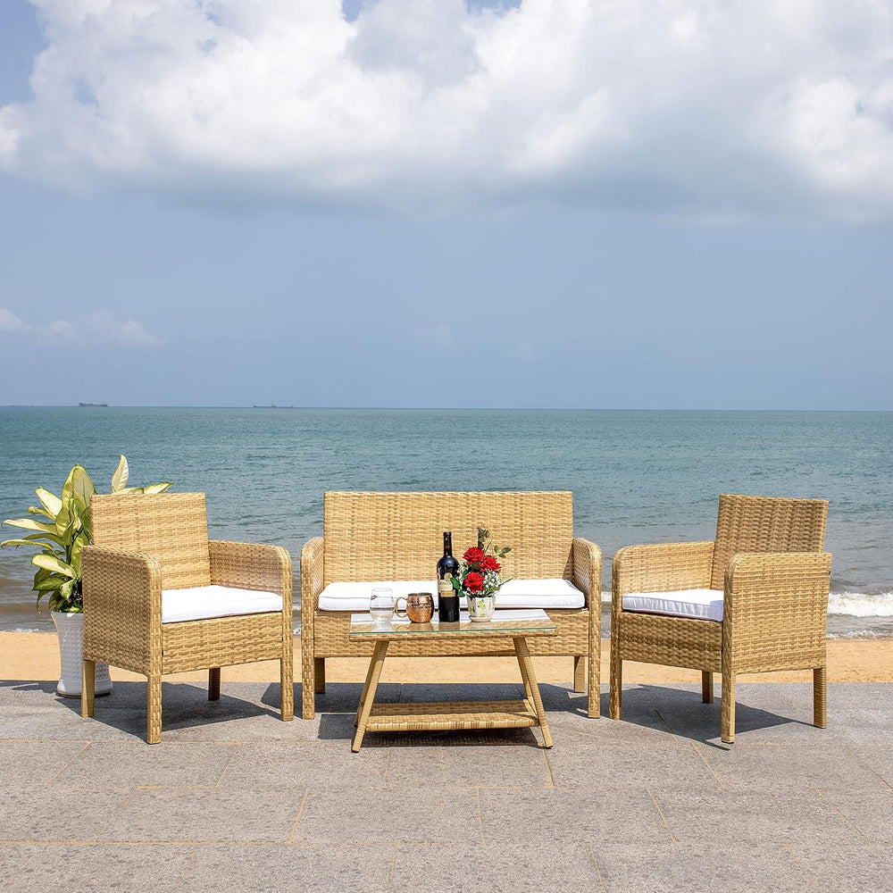SAFAVIEH Outdoor Collection Aboka Natural/White Cushion 4-Piece Conversation ...