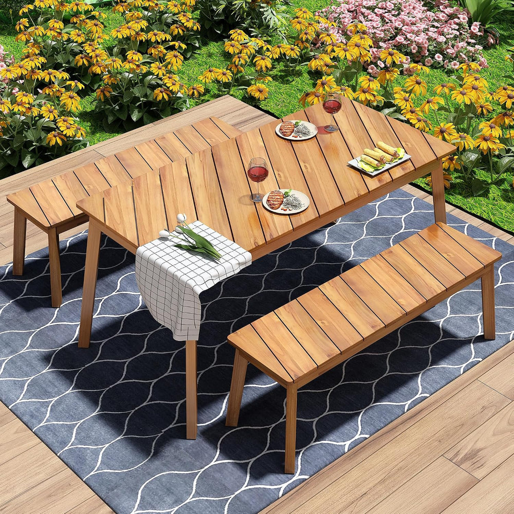 3 Pieces Patio Dining Set, Outdoor Acacia Wood Table and 2 Benches, Outdoor D...