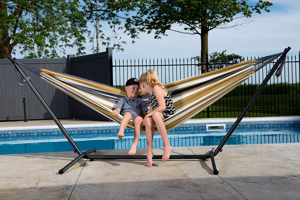 Vivere Double Cotton Hammock with Space Saving Steel Stand, Upgraded Polyeste...
