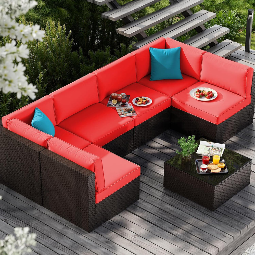 Vongrasig 7 Pieces Patio Furniture Sets, Outdoor Sectional Sofa, Red