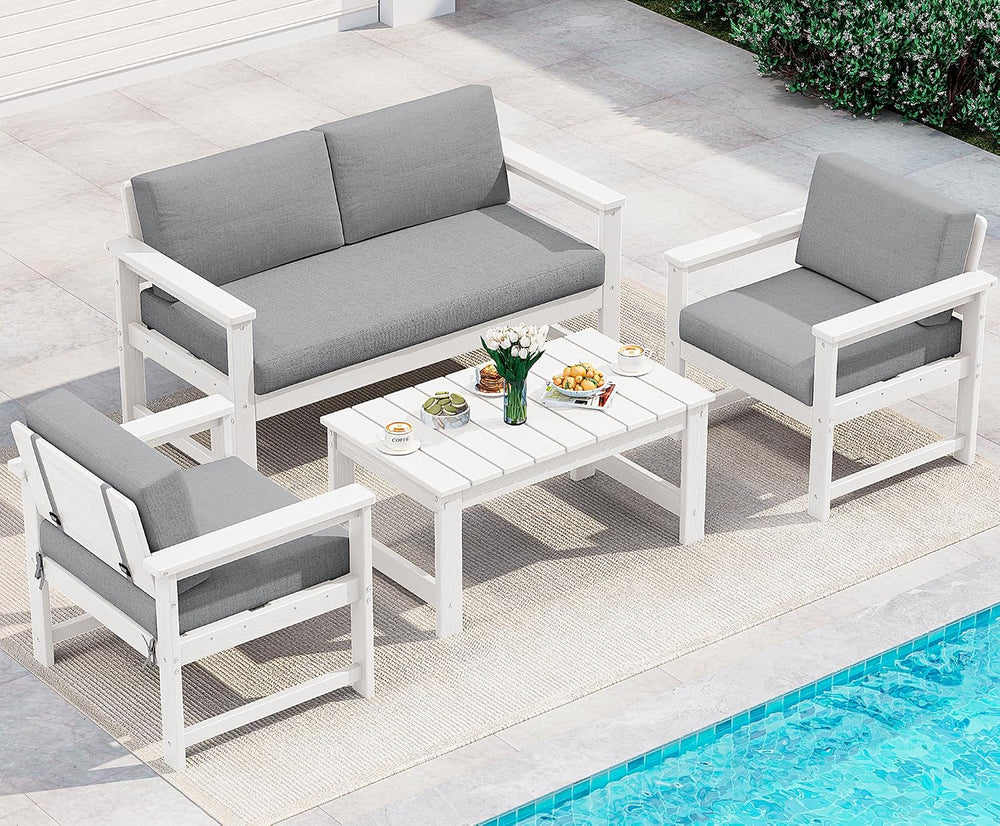 SERWALL 4 Pieces HDPE Outdoor Conversation Sofa Set with Cushions