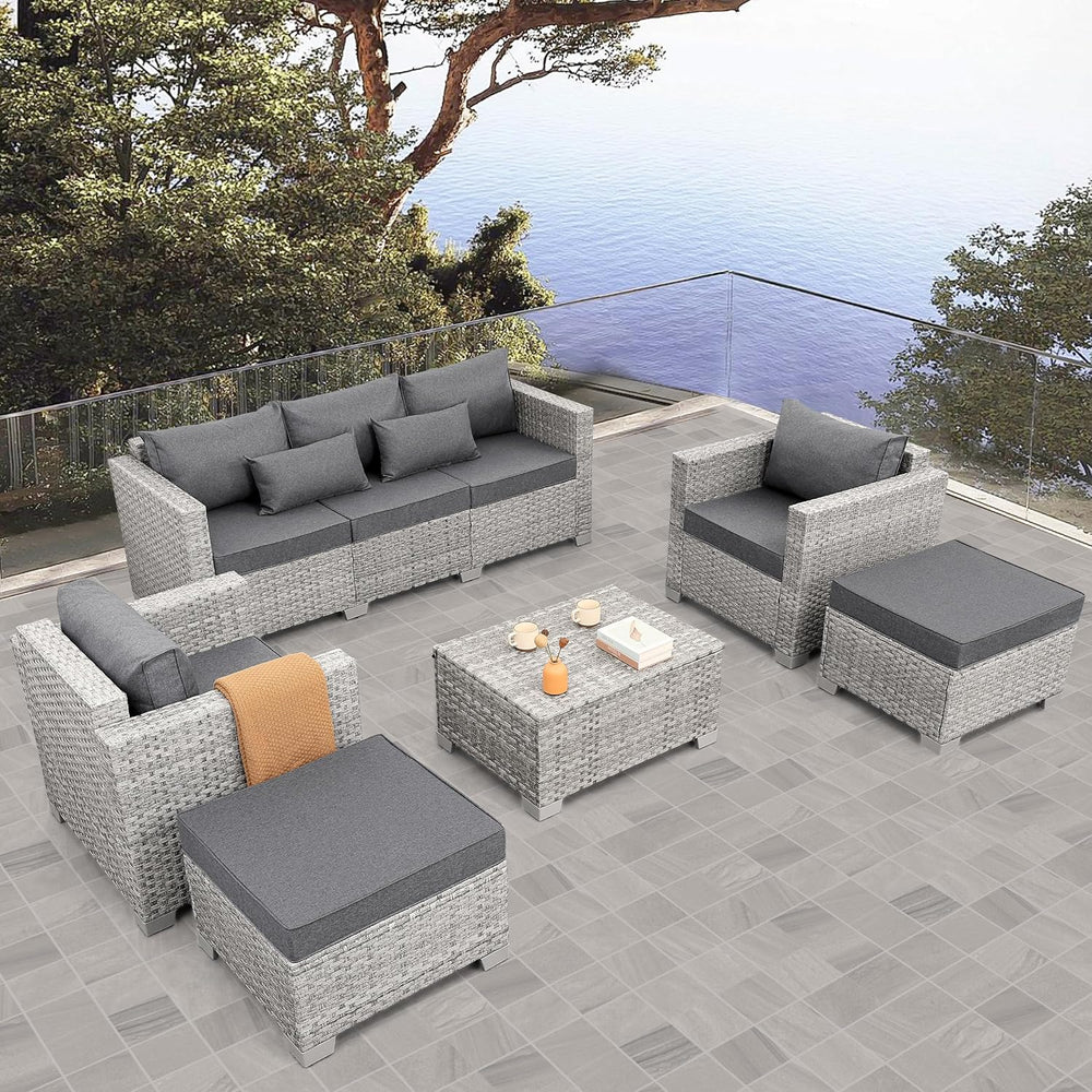 WAROOM Patio Furniture Set 6 Piece PE Rattan Outdoor Conversation Sets Grey W...
