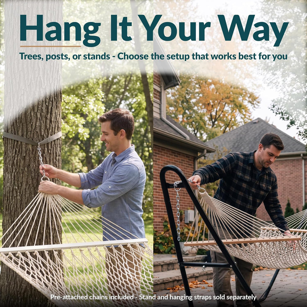 Sunnydaze Double Cotton Rope Hammock for Outside with Spreader Bar, Natural