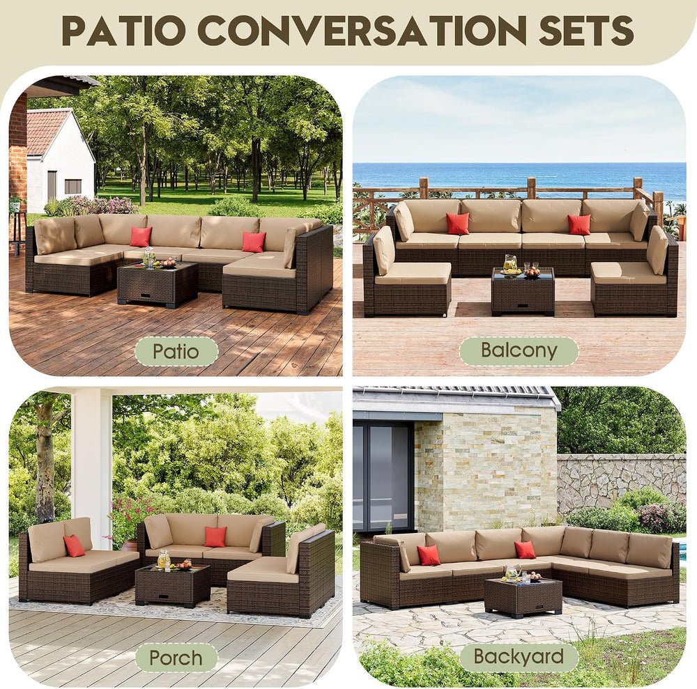 LHBcraft 7 Piece Outside Sectional Furniture Set, All Weather Wicker Patio So...