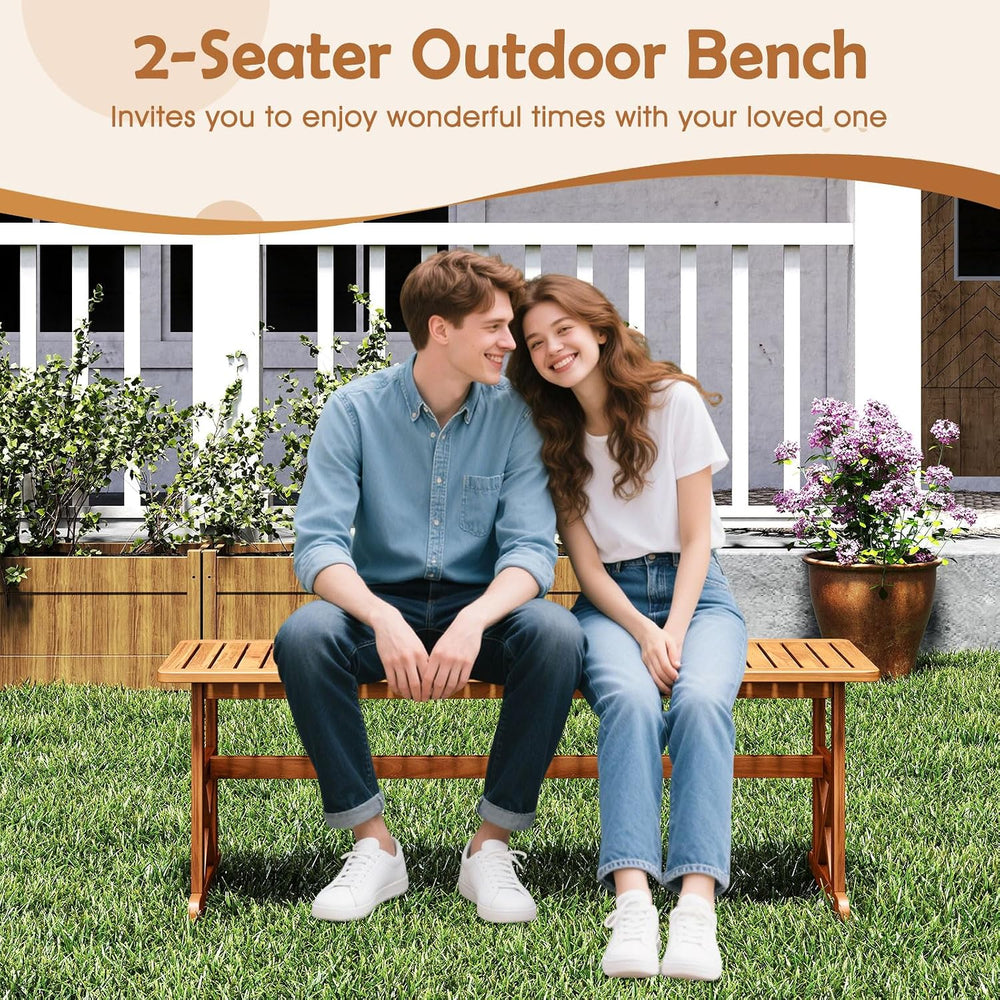 HAPPYGRILL Acacia Wood Outdoor Bench for 2-3 People, Patio Bench with Slatted...