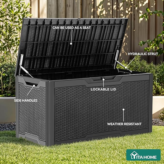 YITAHOME 100 Gallon Resin Deck Box, Weather Resistant Outdoor Storage Box, Lo...