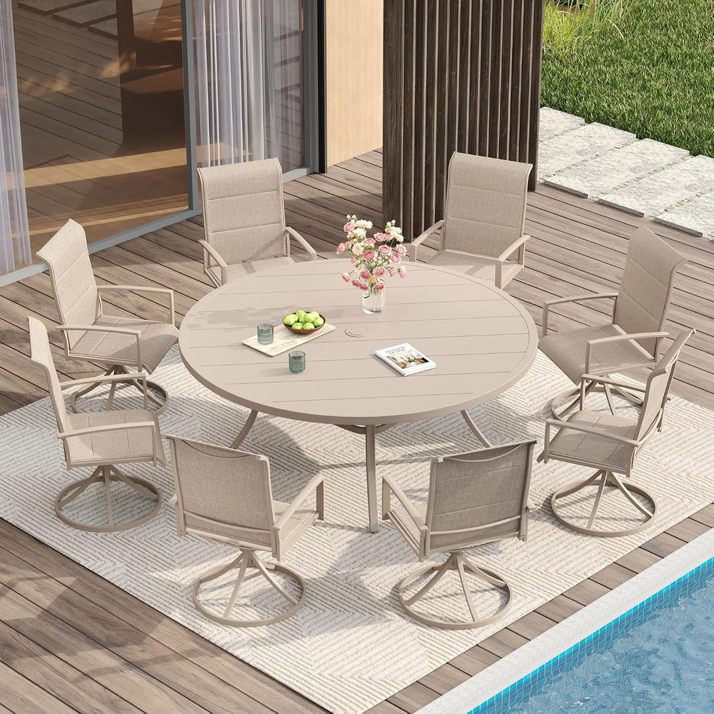 VICLLAX Outdoor Dining Set for 8, Round Table & Padded Swivel Chairs