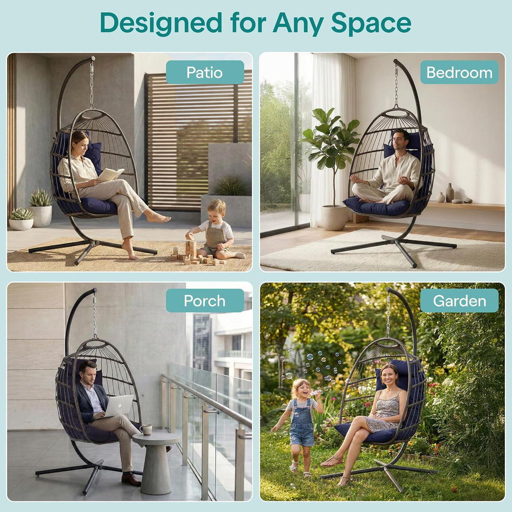 SereneLife Hanging Egg Chair with Stand | Foldable Rattan Wicker Hammock Chai...
