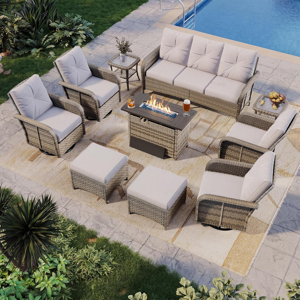 Aoxun 10-Piece Wicker Rattan Patio Furniture Set with 44" Fire Pit Table
