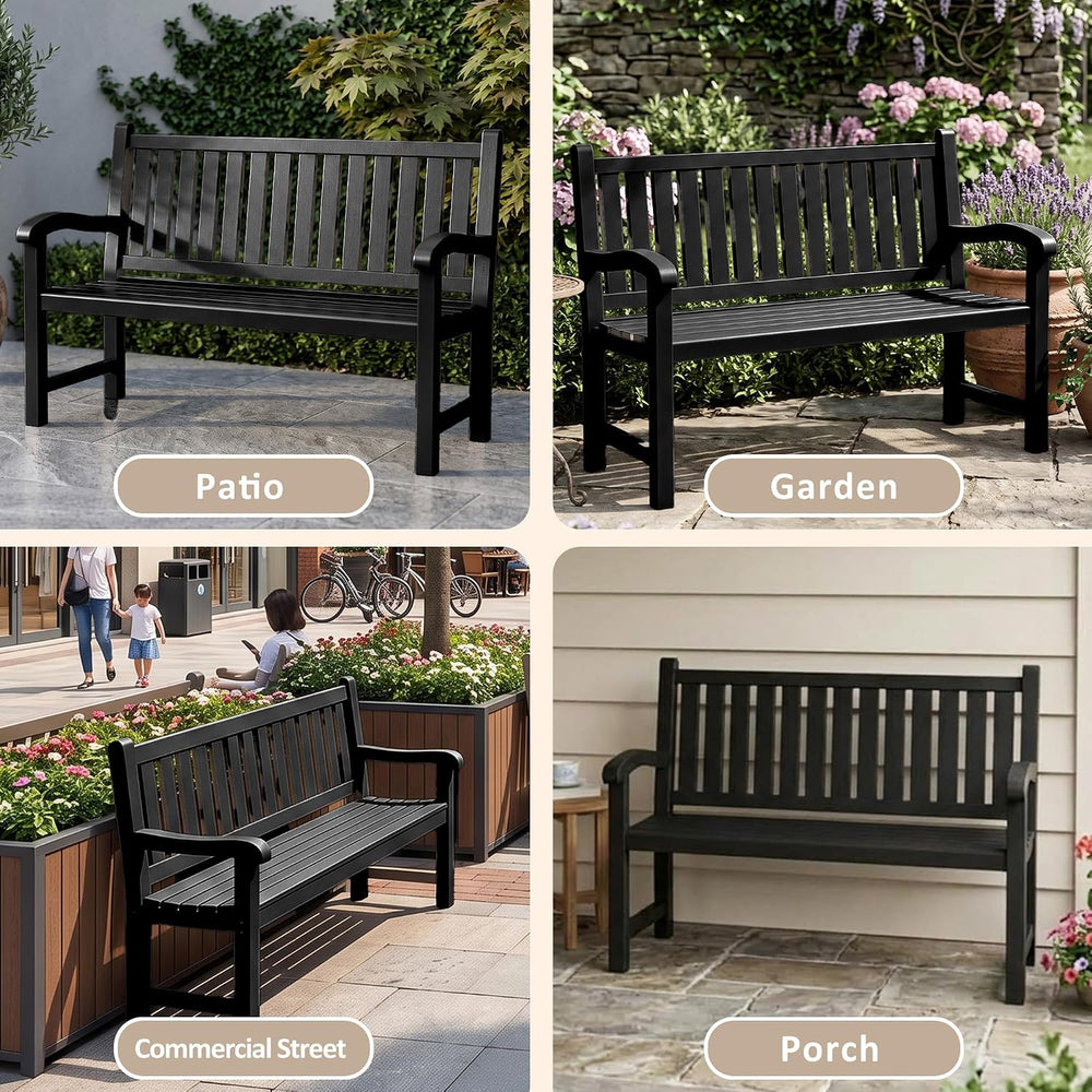 Weatherproof Resin Outdoor Garden Bench, 2-Seater,Classic Black