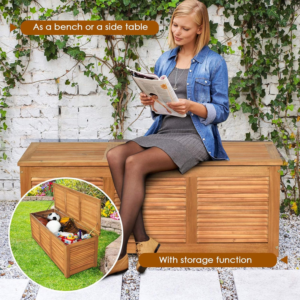 HAPPYGRILL 46 Gallon Acacia Wood Deck Box, Outdoor Storage Box Garden Tools B...